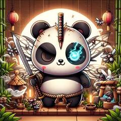 Panda samurai swordsman, cartoon illustration 