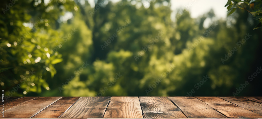 Aufkleber Empty wooden table with green background. Generative AI.