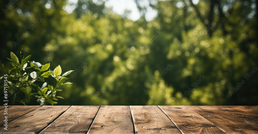 Poster empty wooden table with green background. generative ai.