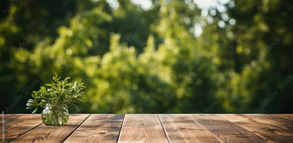 Poster empty wooden table with green background. generative ai.