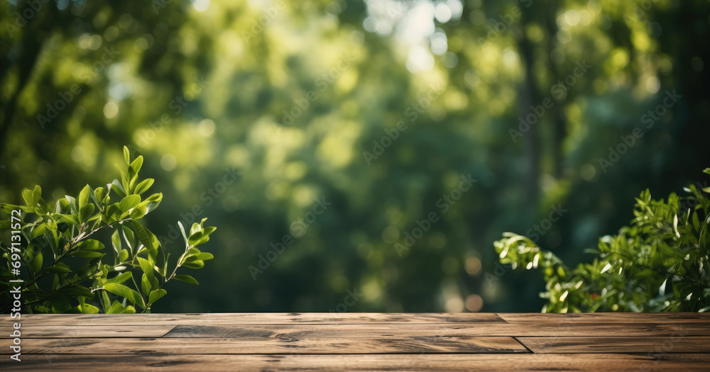 Aufkleber Empty wooden table with green background. Generative AI.