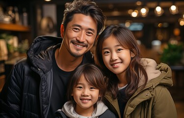 A modern Asian family, consisting of a father, mother, and daughter, cuddles together on a cosy sofa while they laugh and smile during their time of self-isolation..