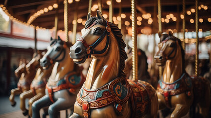 Vintage carousel horses in a row. - obrazy, fototapety, plakaty