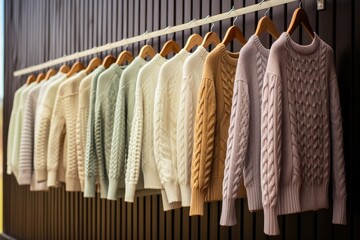 Sweaters hanging on a wall. Generative AI.