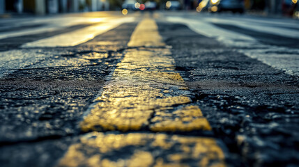 Sunset road with close-up yellow lines.