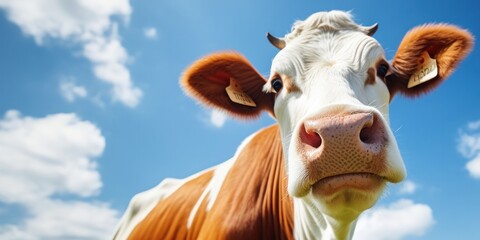 cow portrait a close up, on a pasture with blue sky at background, generative AI