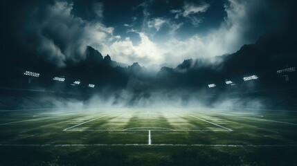 Soccer game field with neon fog. Generative AI.