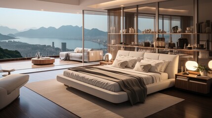 Luxury hotel bedroom. Generative AI.