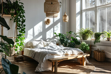 Bohemian bedroom filled with natural light