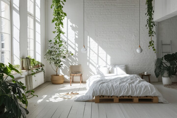 Obraz na płótnie Canvas Bohemian bedroom filled with natural light