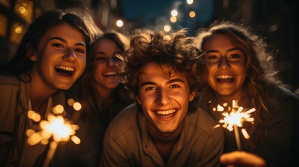 Obraz na płótnie Canvas A group of friends holding sparklers at night. Generative AI.