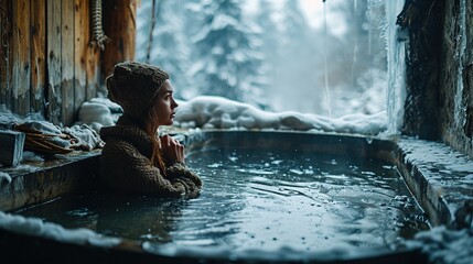 A woman in cold bathtub with ice, frozen water. Problems with rising costs of water and electricity, expensive bills