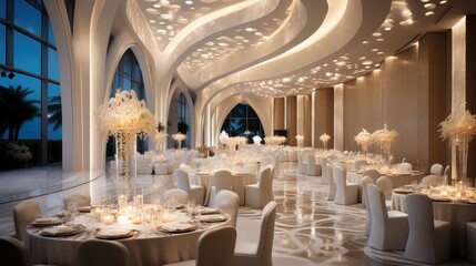 Fototapeta na wymiar Modern banquet space for a large five star hotel. Generative AI.