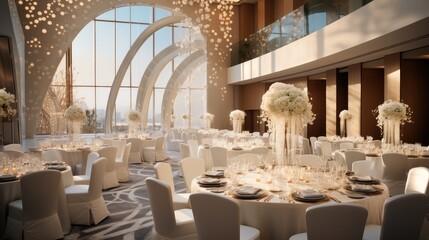 Modern banquet space for a large five star hotel. Generative AI. - obrazy, fototapety, plakaty