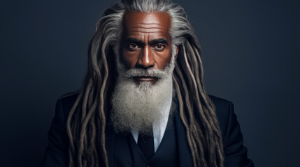Handsome elderly black African American man with long dreadlocked hair, on a silver background,...