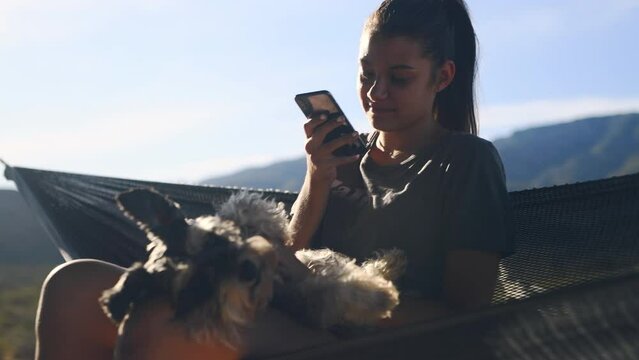 Woman, dog and relax in hammock, outdoor and phone for texting, contact or chat on web in summer. Girl, puppy or animal pet on vacation, holiday and countryside with smartphone for social media app