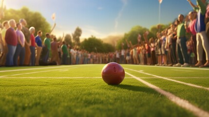 A bocce player releasing a perfectly aimed ball on the court, competitors watching closely