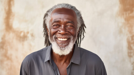 Handsome elderly black African American man with long dreadlocked hair, on a creamy beige...