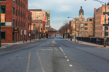 Chicago City, Illinois: April 6, 2020. Morning during the lockdown of the city during the stay at home mandate. Chicago City empty streets under the coronavirus. City under lockdown.