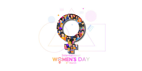 Happy International Women's day poster design. Womens meet and confrenc theme. Break The Bias and Embrace social equity concept. Wishing Womens Day text with Women symbol and sign.