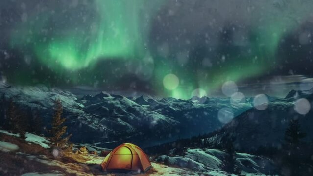 Winter with natural landscapes camping at night in snowy mountains and aurora light. seamless looping  time-lapse virtual video animation background. Generative AI