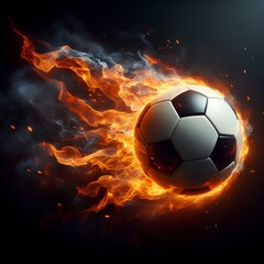 A burning soccer ball against a black background.