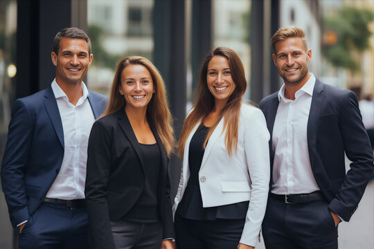 professional consultant team showcases unity against the backdrop of corporate buildings, emphasizing their cohesive and collaborative strength. Generative AI.