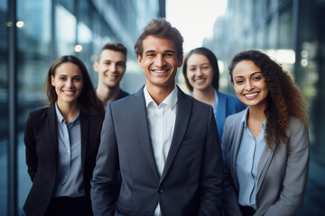 Obraz premium professional consultant team showcases unity against the backdrop of corporate buildings, emphasizing their cohesive and collaborative strength. Generative AI.