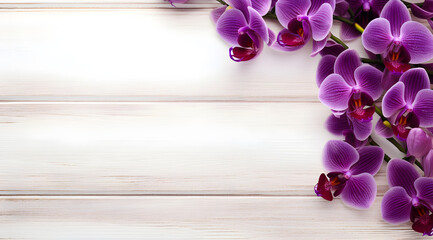 flower backdrop violet orchids on wooden background