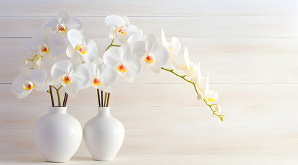 White orchids in ceremic vase on background