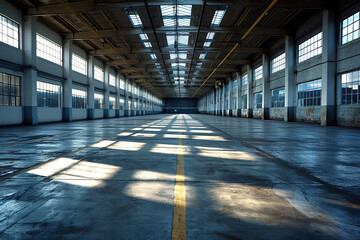 long empty warehouse building - obrazy, fototapety, plakaty