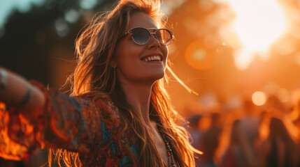 Beautiful young woman having fun at music festival. color grading style