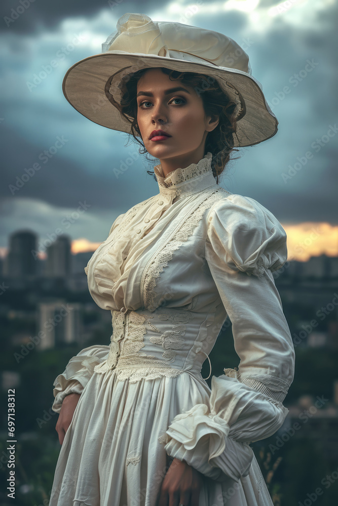 Wall mural Woman in classic costume, full body view, not ironed wrinkled fabric with creases, fashion poses,