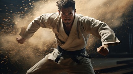A judo practitioner executing a precise throw, capturing the intensity of the martial art
