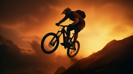 Obraz premium A mountain biker catching air off a jump, bike and rider silhouetted against the sky