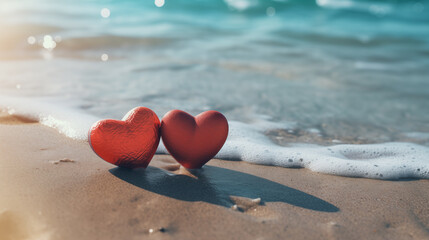 Fototapeta premium Red Hearts in Golden Hour Light on Beach 