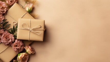 A small luxury gift box on a beige background. Monochrome. A gift for Father's Day or Valentine's Day for him. The concept of a corporate gift or birthday party. - obrazy, fototapety, plakaty