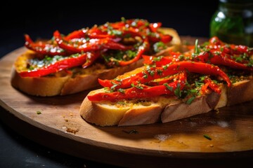 Red peppers with great anchovies on a slice of bread. Typical Spanish food.