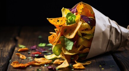 Healthy vegetable chips spilling from a paper cone on a rustic wooden background.