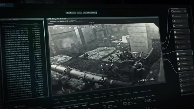 Spy Surveillance Interface Detects Special Forces Soldiers Firefight At Location. Security Software Observes Armed Military Special Forces. Special Forces Casualties. Battlefield Surveillance
