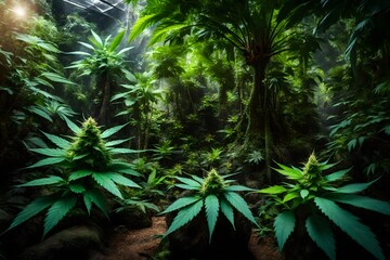 Cannabis plants and tropical plants in exotic rainforest, 
