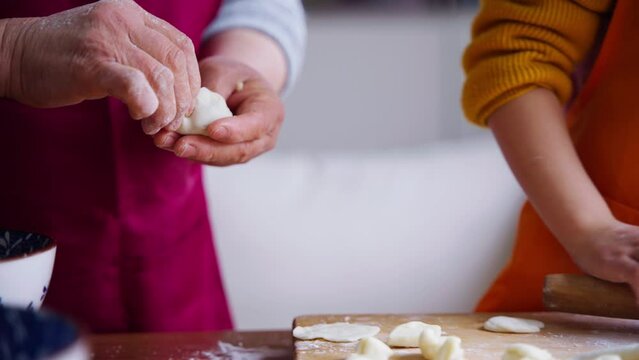 close up of grandmother and granddaughter making Chinese dumpling together indoor at home