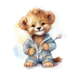 Baby lion bedtime wearing pajama and holding tooth brush Illustration, Generative Ai