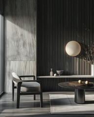 Industrial chic minimalist interior with grey panels