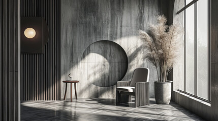 Industrial chic minimalist interior with grey panels