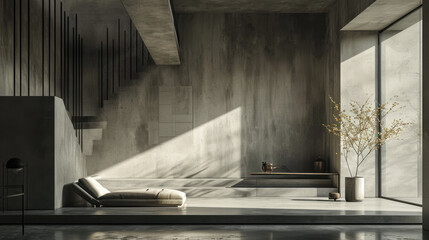 Industrial chic minimalist interior with grey panels