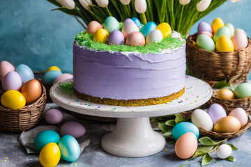 Easter cake, kulich, painted watercolor easter eggs and spring flowers on the background. 