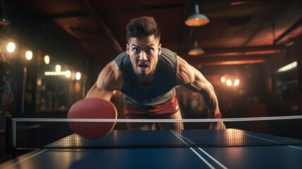 A table tennis player executing a lightning-fast rally, paddle and ball in a blur of motion - obrazy, fototapety, plakaty
