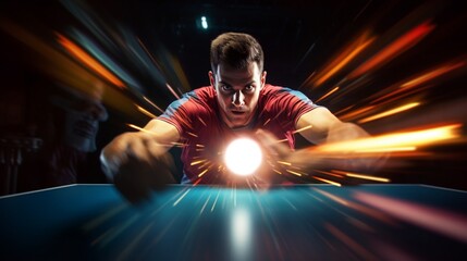 A table tennis player executing a lightning-fast rally, paddle and ball in a blur of motion - obrazy, fototapety, plakaty