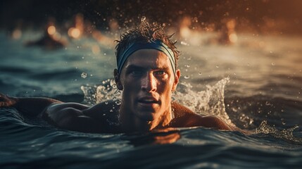 A triathlete emerging from the water after a swim, transitioning to the next stage of the race